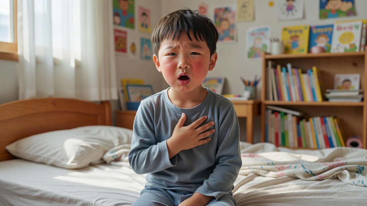 아이 폐렴 증상으로 기침하는 어린이