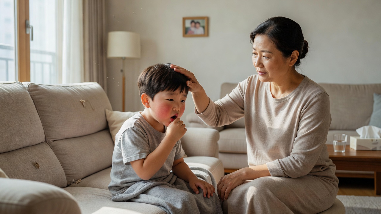 아이 폐렴 증상 초기 기침과 발열을 보이는 어린이