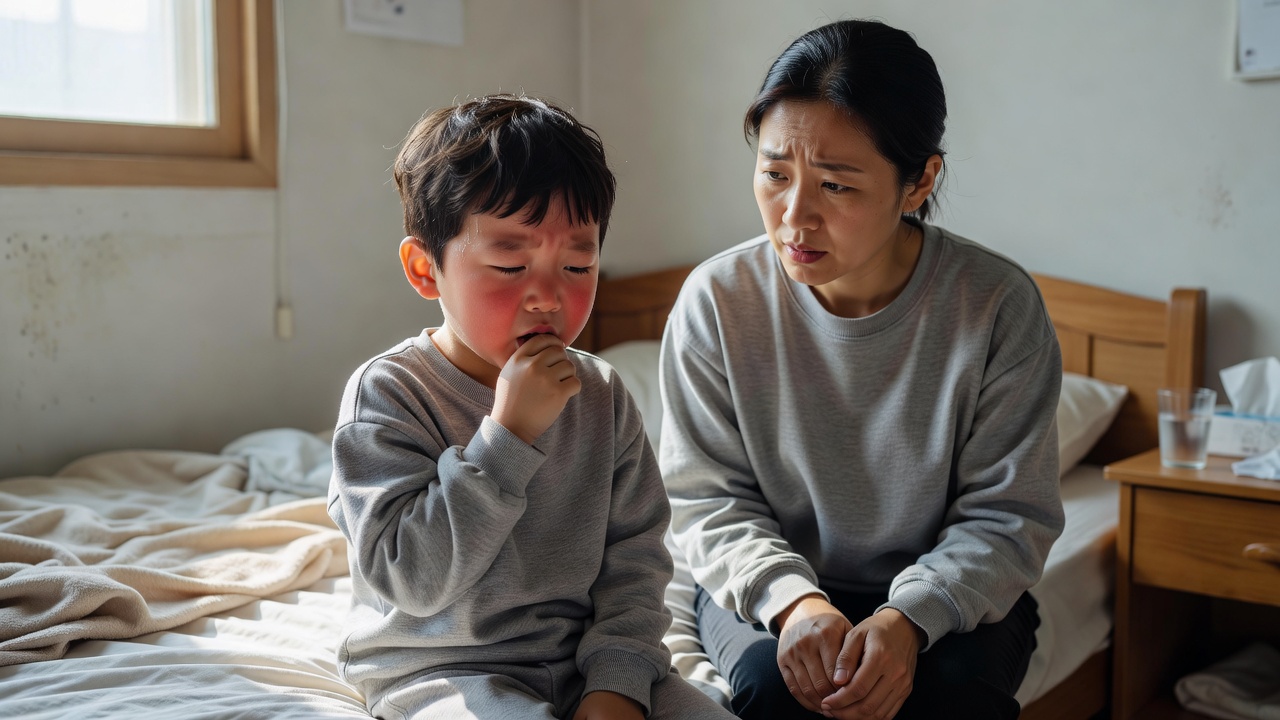 아이 폐렴 증상으로 기침과 빠른 호흡을 보이는 어린이