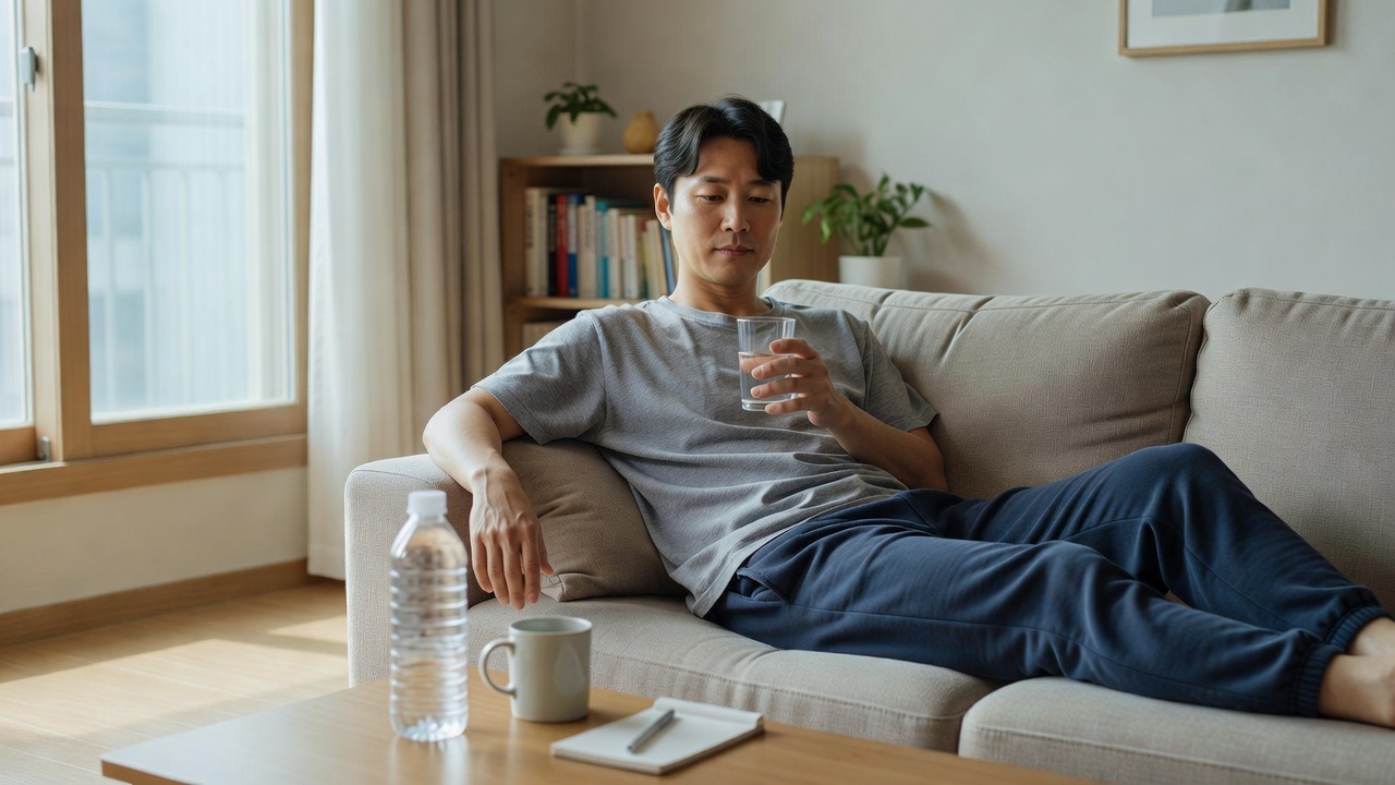 지방간 건강검진 준비를 위해 전날 과음과 기름진 음식을 피하는 모습