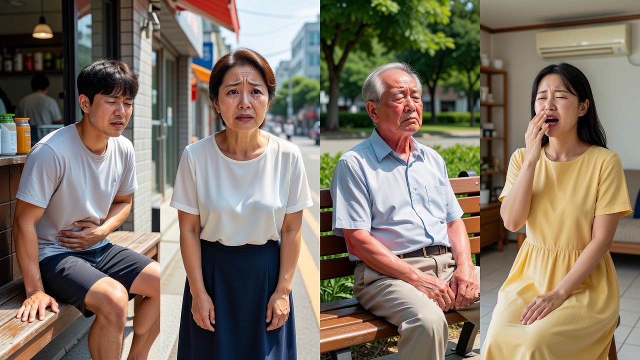 여름철의 병 증상을 비교하는 일상 장면